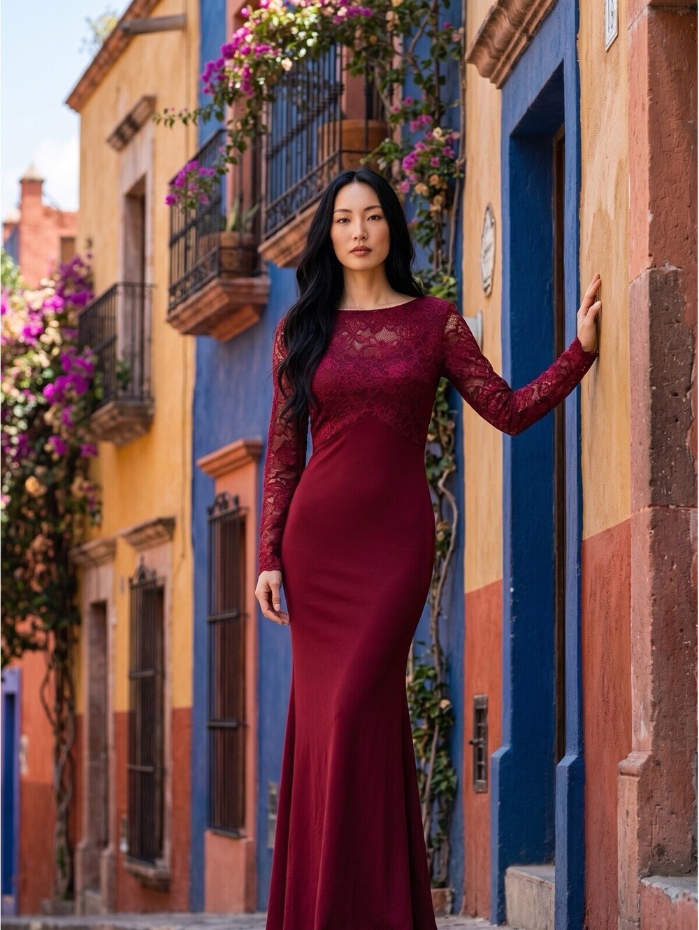 VTG Red Gotchic bodycon lace long sleeve gown dress low back full length Size 2